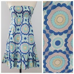 EUC Sun Dress Tube Top Whimsical Floral Pattern POCKETS Peplum Ruffle Bottom XS